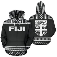 Fiji Tapa All Over Zip up Hoodie Black and White Version Unisex Black And White - Polynesian Pride
