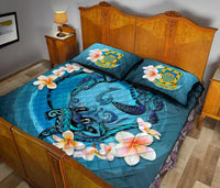 Tuvalu Polynesian Quilt Bed Set - Blue Plumeria Animal Tattoo - Polynesian Pride