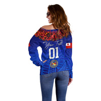 (Custom Personalised) Tonga Emancipation Day Off Shoulder Sweater Independence Day - Kupesi Kahoa Heilala Flower - Blue LT8 - Polynesian Pride