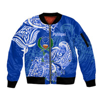 FSM Pohnpei State Sleeve Zip Bomber Jacket Polynesian Floral Tribal LT9 Unisex Blue - Polynesian Pride