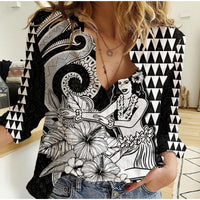 Aloha Hula Girl Hawaiian Tribal and Simple Kakau Women Casual Shirt LT9 Female Black - Polynesian Pride