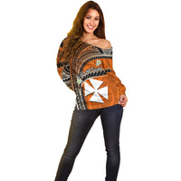 (Custom Personalised) Wallis And Futuna Off Shoulder Sweater Plumeria Flowers With Orange Polynesian Pattern LT14 - Polynesian Pride