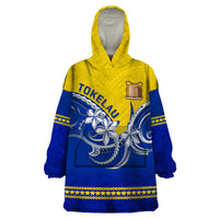 Personalised Tokelau Wearable Blanket Hoodie Tokelauan Tatau Plumeria Special Style LT14 One Size Blue - Polynesian Pride