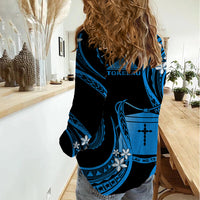 Tokelau Women Casual Shirt Tokelauan Tatau With Badge Blue LT14 - Polynesian Pride