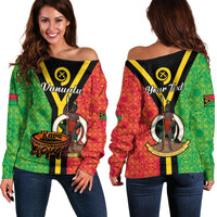 (Custom Personalised) Vanuatu Off Shoulder Sweater Kava Bowl Mix Sand Drawing Flag Style LT14 Women Black - Polynesian Pride