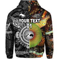Custom New Zealand Australia Hoodie Maori and Aboriginal Together Black, Custom Text and Number LT8 - Polynesian Pride