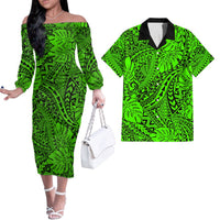 Hawaii Couples Matching Off Shoulder Long Sleeve Dress and Hawaiian Shirt Green Polynesian Tribal Art LT14 Green - Polynesian Pride
