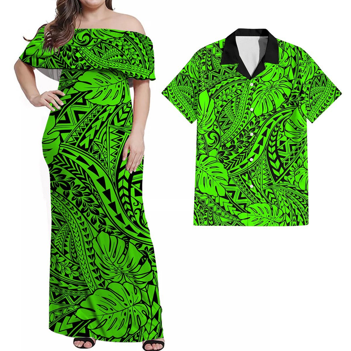 Matching Hawaiian Outfits For Couples Polynesian Tribal Art Green LT14 Green - Polynesian Pride