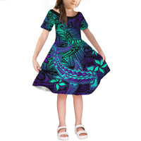 Purple Polynesian Family Matching Outfits Off Shoulder Long Sleeve Dress And Hawaiian Shirt Tribal Hammerhead Shark LT14 Daughter's Dress - Polynesian Pride