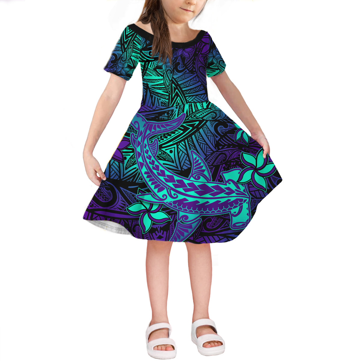 Purple Polynesian Family Matching Outfits - Off Shoulder Maxi Dress and Hawaiian Shirt Tribal Hammerhead Shark LT14 Daughter's Dress - Polynesian Pride