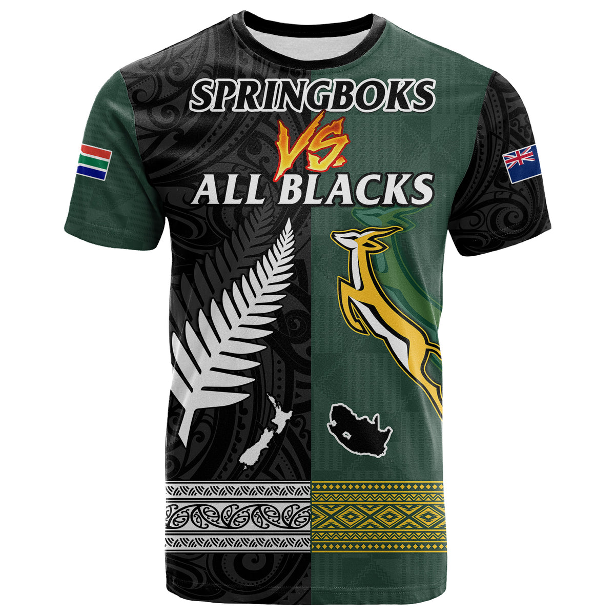 South Africa Protea and New Zealand Fern T Shirt Rugby Go Springboks vs All Black Ver.03 LT8