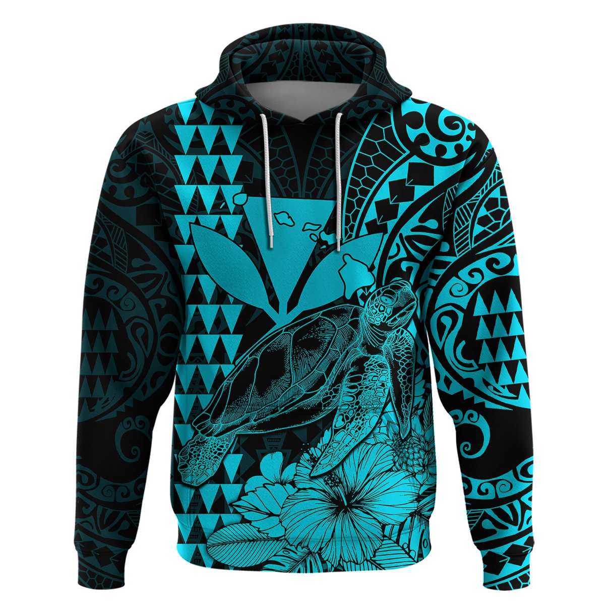Kakau Polynesian Tribal Hawaiian Turtle with Kanaka Maoli Teal Hoodie LT9 - Polynesian Pride