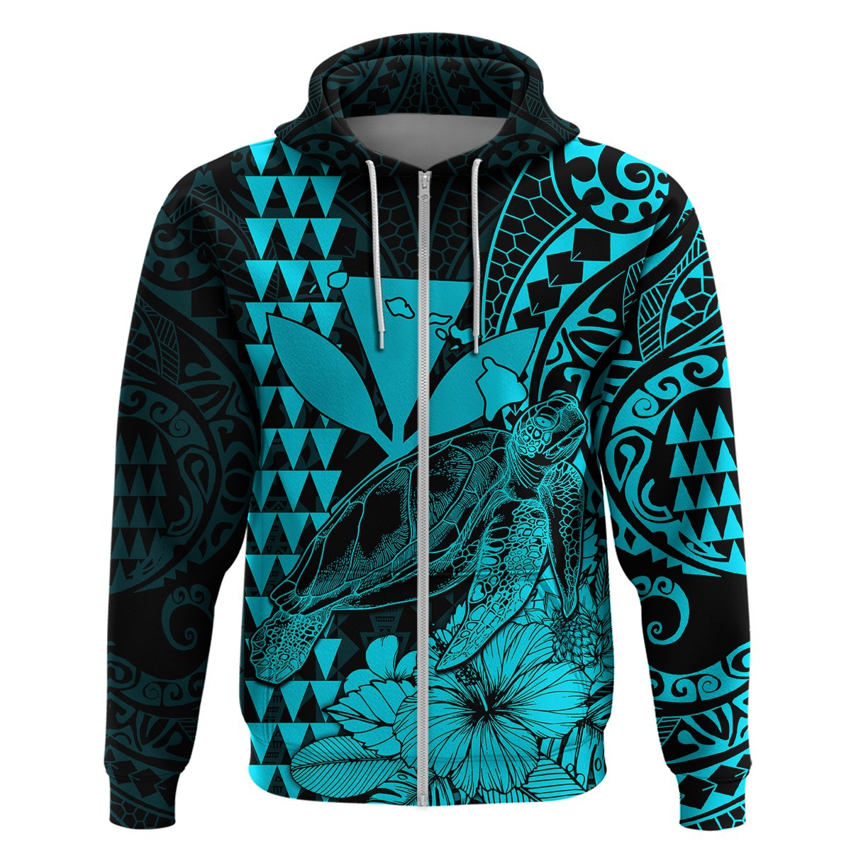 Kakau Polynesian Tribal Hawaiian Turtle with Kanaka Maoli Teal Hoodie LT9 - Polynesian Pride