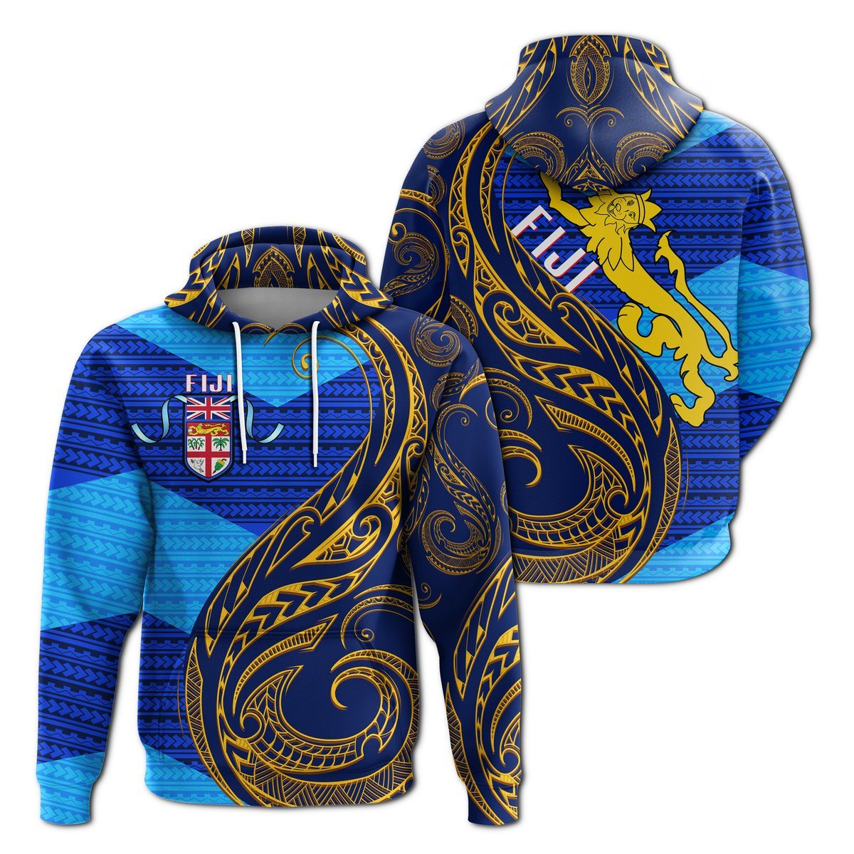 Fiji Hoodie Flags Color With Gold Polynesian Pattern LT20 Unisex Blue - Polynesian Pride