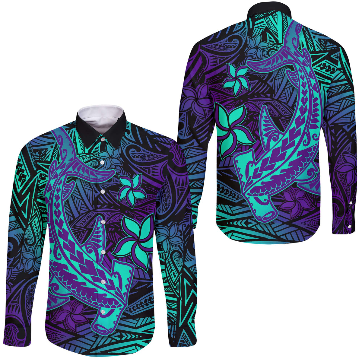 Purple Polynesian Family Matching Outfits Off Shoulder Long Sleeve Dress And Hawaiian Shirt Tribal Hammerhead Shark LT14 Dad's Shirt - Long Sleeve - Polynesian Pride