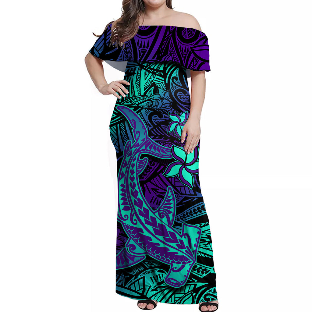 Purple Polynesian Family Matching Outfits - Off Shoulder Maxi Dress and Hawaiian Shirt Tribal Hammerhead Shark LT14 Mom's Dress - Polynesian Pride