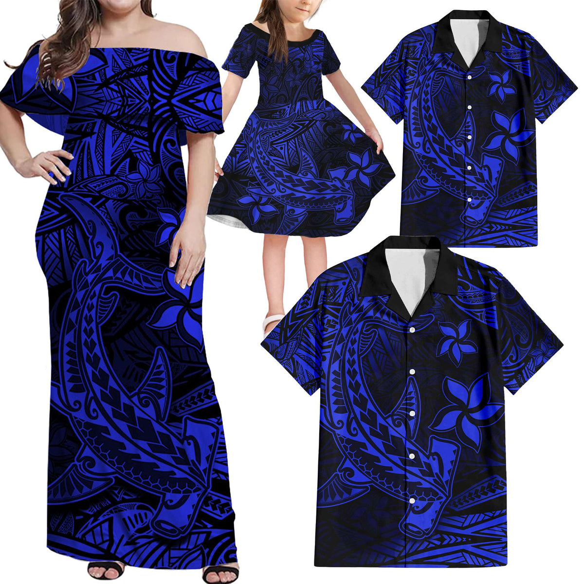 Blue Polynesian Family Matching Outfits Off Shoulder Maxi Dress And Hawaiian Shirt Tribal Hammerhead Shark LT14 Dad's Shirt - 5XL - Polynesian Pride