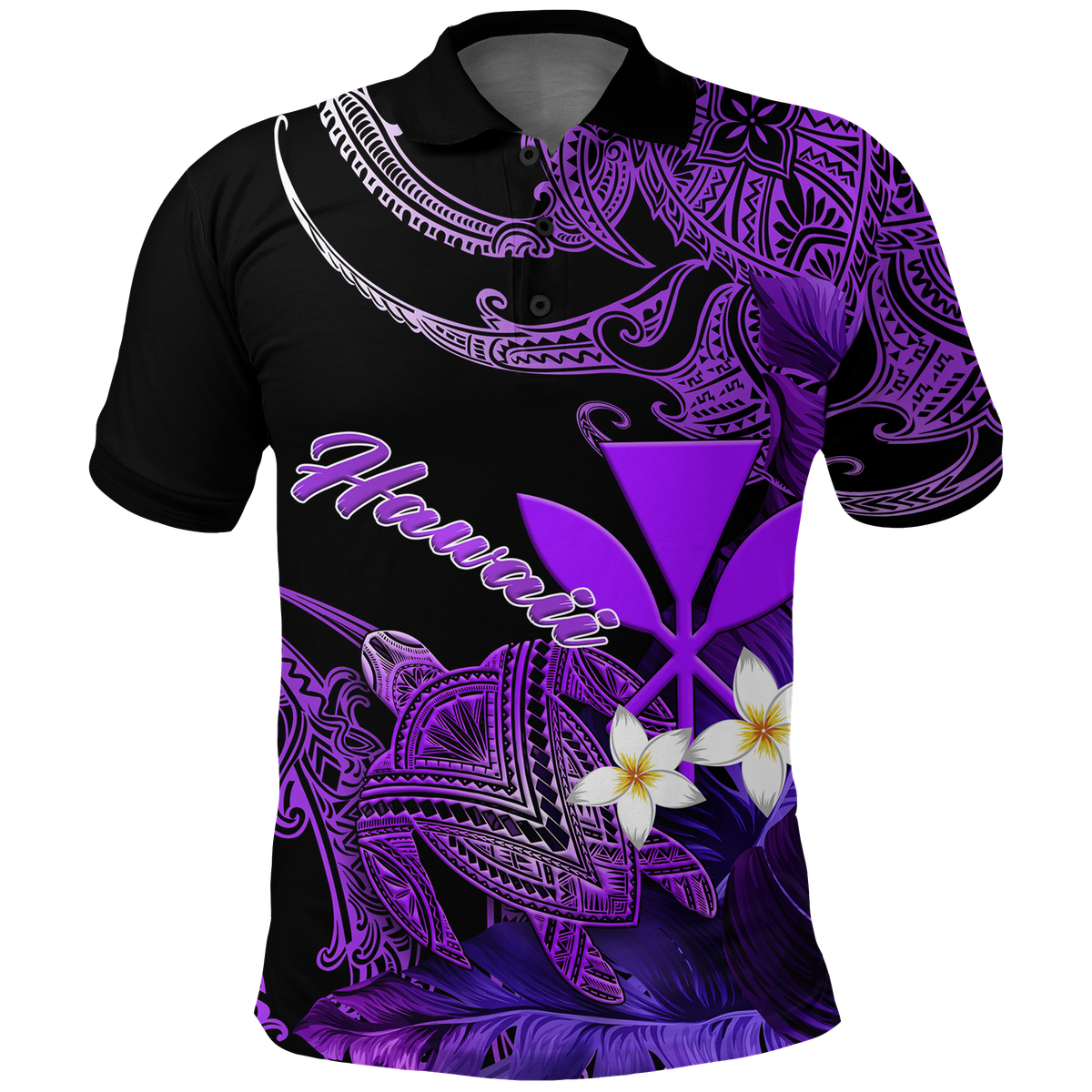 Hawaii Turtle With Plumeria Leaf Purple Polo Shirt LT12 Unisex Black - Polynesian Pride