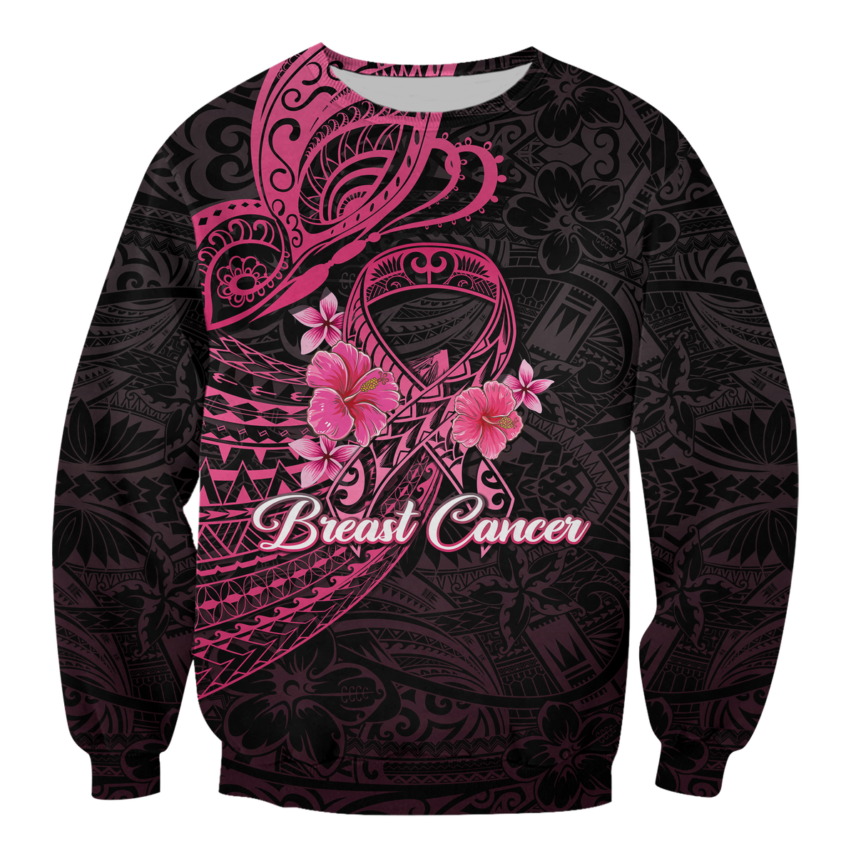 (Custom Personalised) Breast Cancer Pink Ribbon Butterfly Polynesian Black Version Sweatshirt - LT12 Unisex Blue - Polynesian Pride