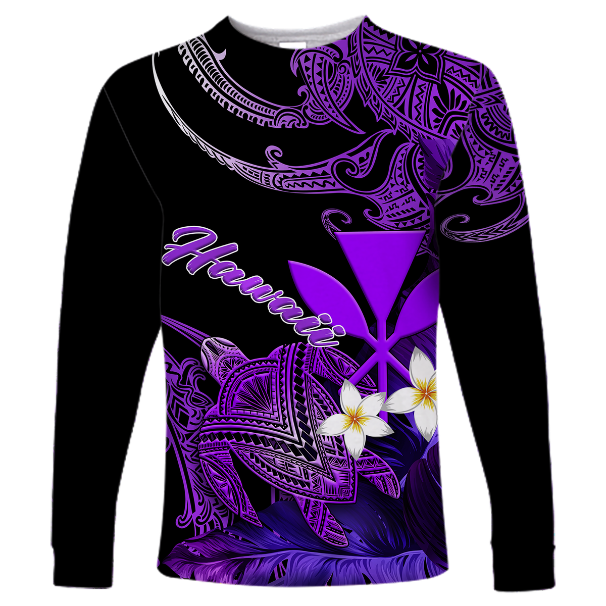 Hawaii Turtle With Plumeria Leaf Purple Long Sleeve Shirt - LT12 Unisex Black - Polynesian Pride