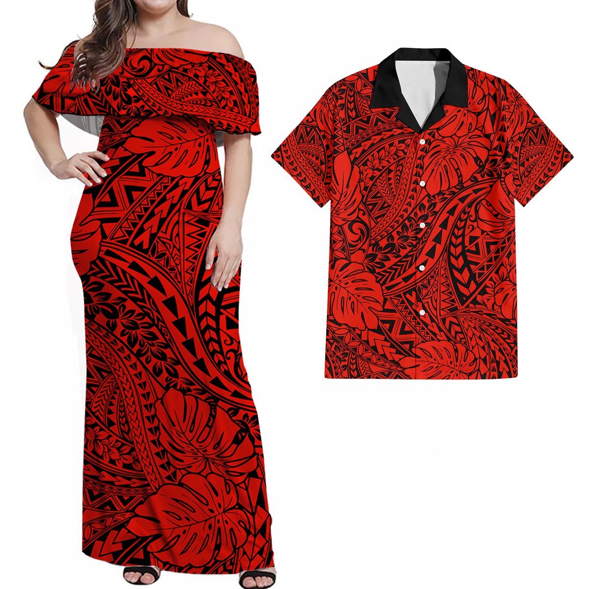 Matching Hawaiian Outfits For Couples Polynesian Tribal Art Red LT14 Red - Polynesian Pride