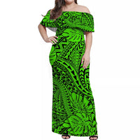 Green Hawaii Family Matching Off Shoulder Maxi Dress And Hawaiian Shirt Tribal Art LT14 - Polynesian Pride