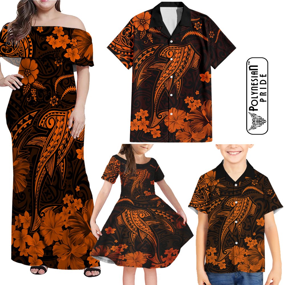 Hawaii Family Matching Outfits Off Shoulder Maxi Dress And Hawaiian Shirt Polynesia Orange Shark LT14 Dad's Shirt - 5XL - Polynesian Pride