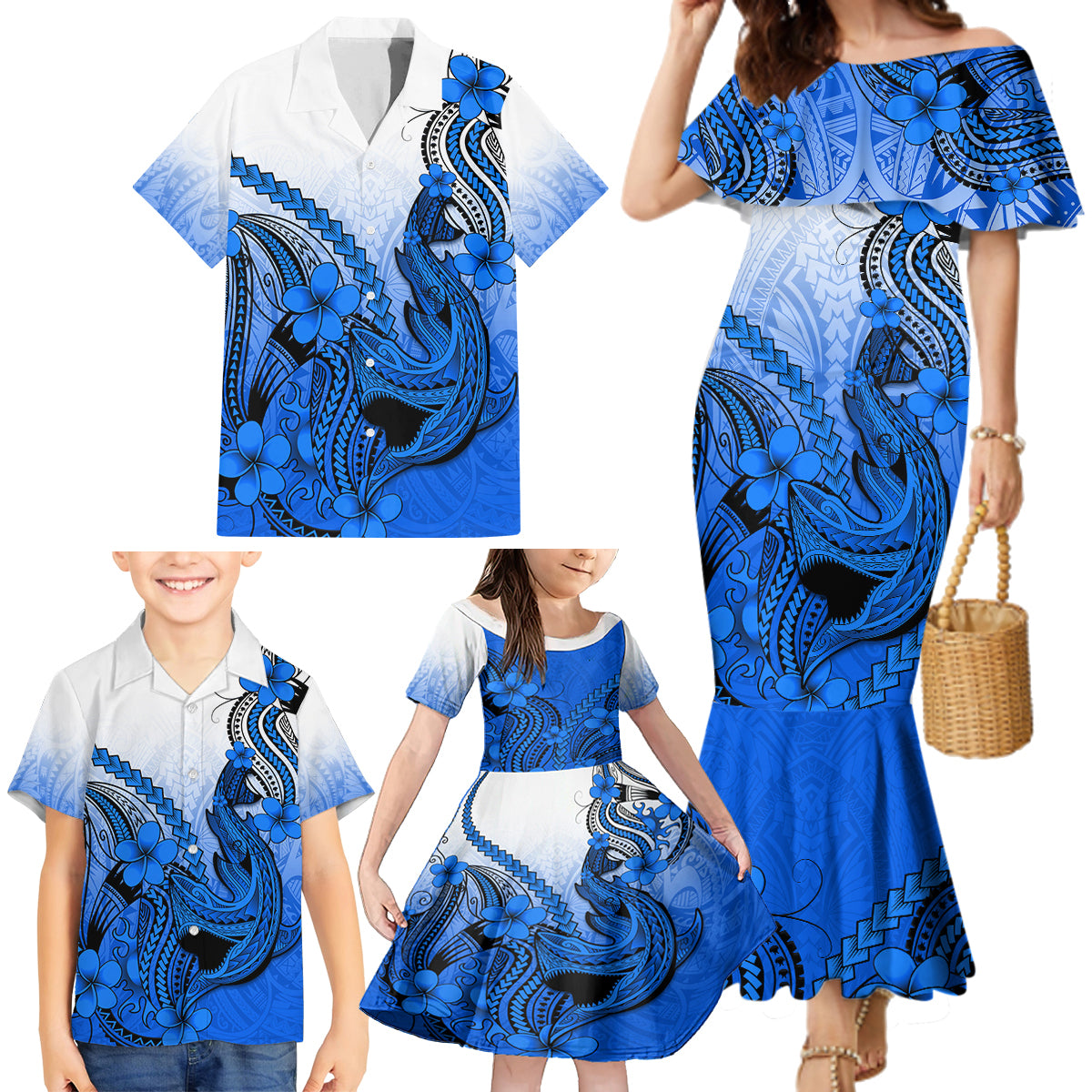 Blue Hawaii Family Matching Outfits Mermaid Dress And Hawaiian Shirt Polynesian Shark Tattoo LT14 - Polynesian Pride