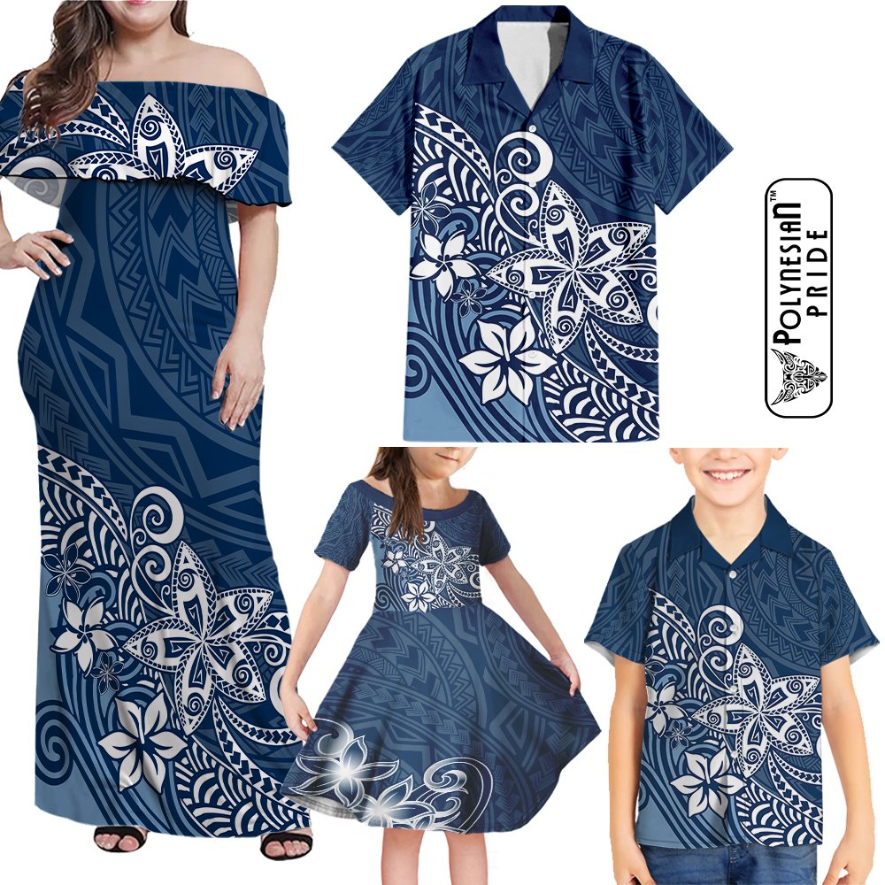 Hawaii Family Matching Outfits Polynesia Off Shoulder Maxi Dress And Shirt Family Set Clothes Plumeria Navy Curves LT7 - Polynesian Pride