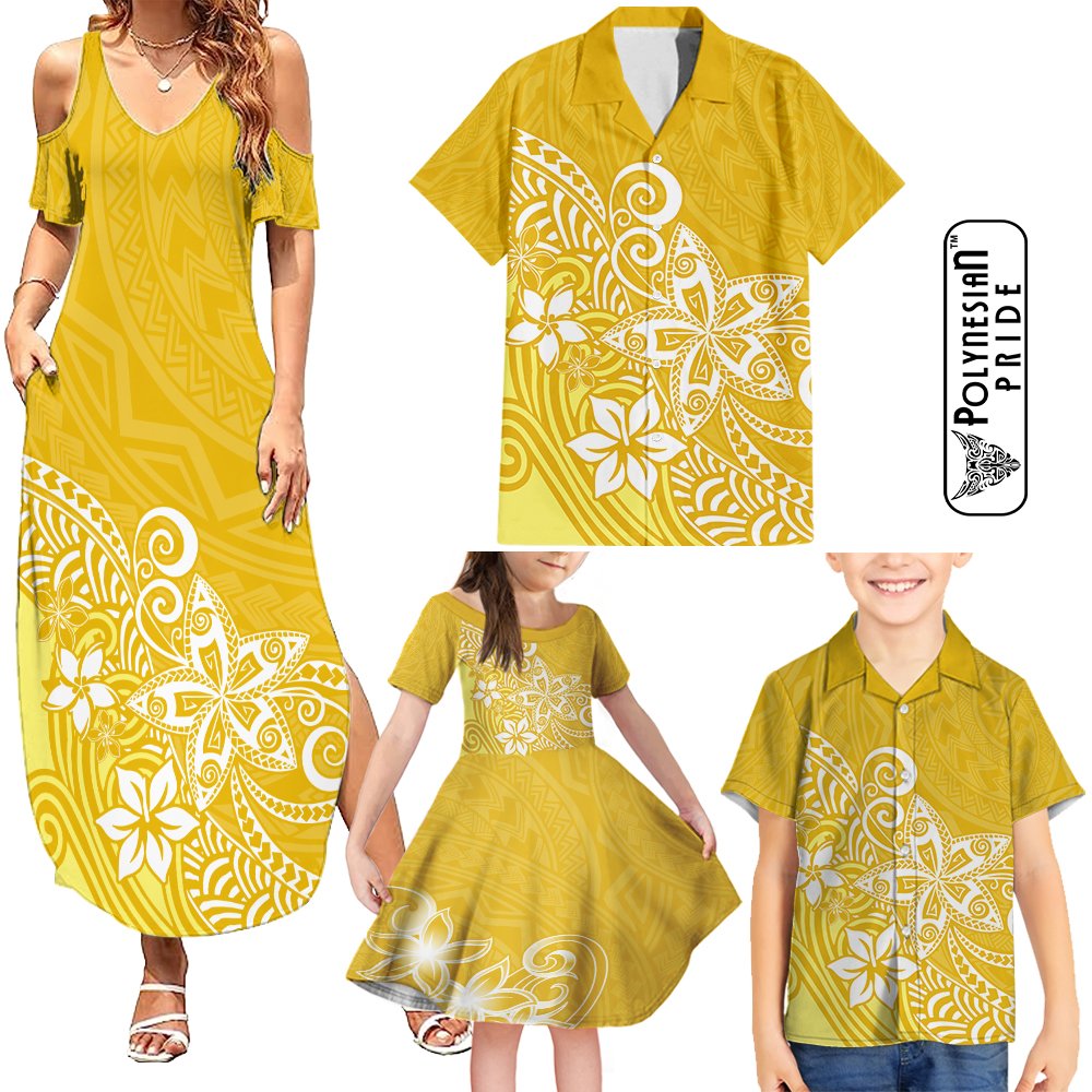 Hawaii Family Matching Outfits Polynesia Summer Maxi Dress And Shirt Family Set Clothes Plumeria Yellow Curves LT7 - Polynesian Pride