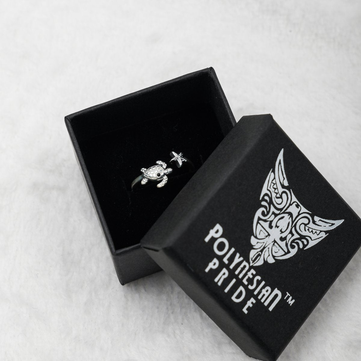 Polynesian Pride Turtle and Starfish Ring – Adjustable Sterling Silver Ocean Jewelry