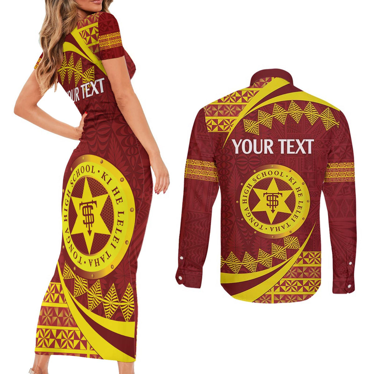 Personalised Tonga High School Couples Matching Short Sleeve Bodycon Dress and Long Sleeve Button Shirt Happy 77 Years Anniversary LT14
