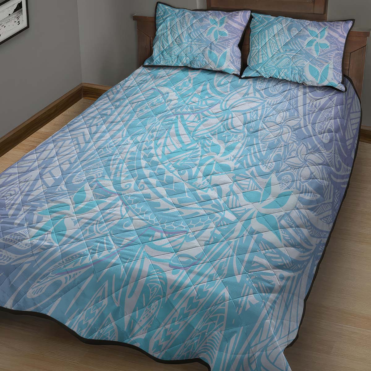 Baby Blue Gradient Polynesia Quilt Bed Set Hawaiian Tribal Hammerhead Shark Tattoo LT14