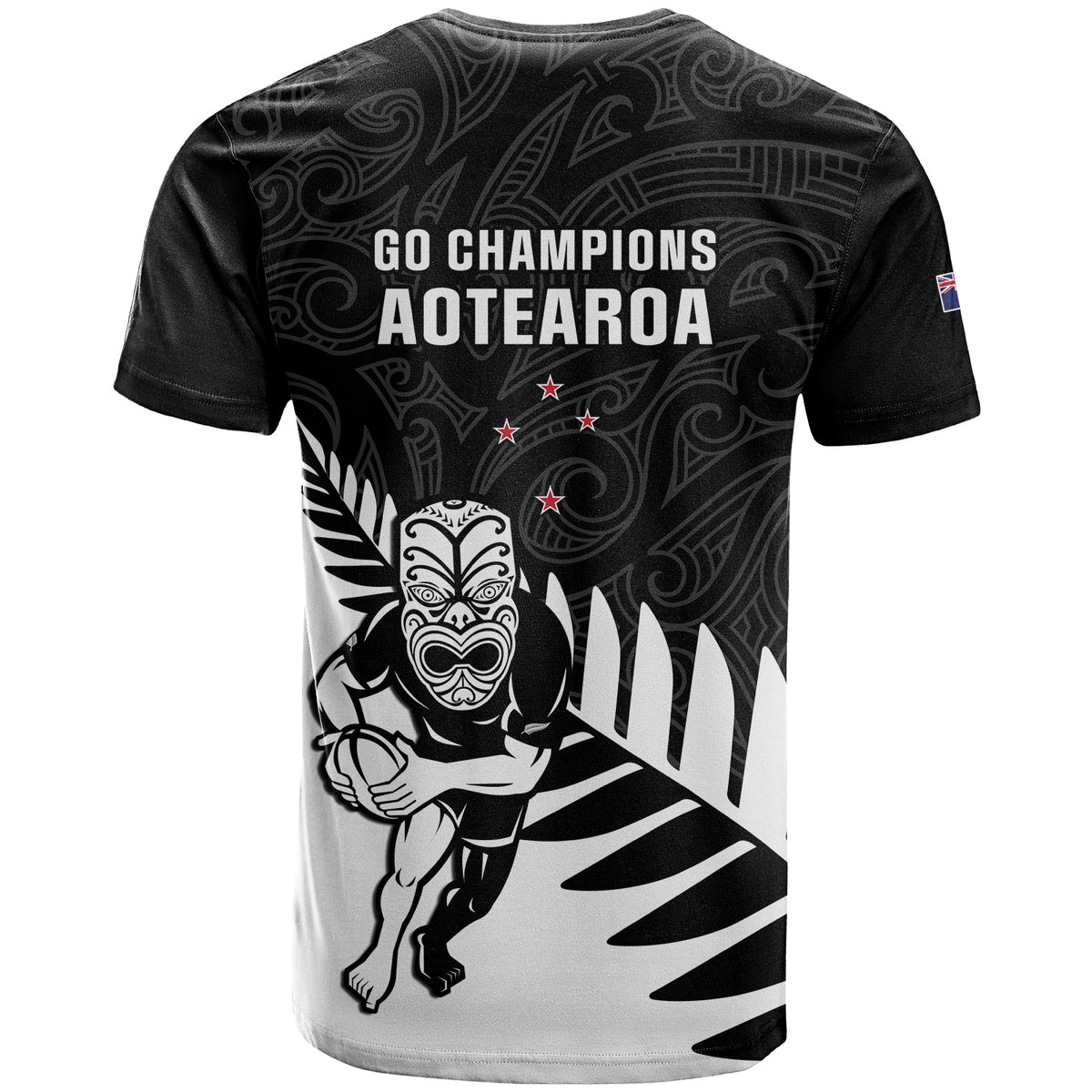 New Zealand Silver Fern Rugby T Shirt All Black Go Champions Maori Pattern LT14