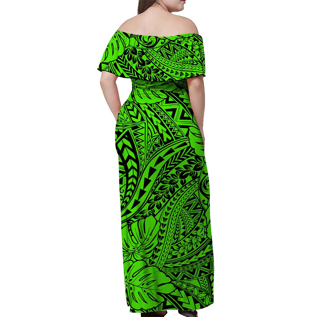 Green Hawaii Family Matching Off Shoulder Maxi Dress And Hawaiian Shirt Tribal Art LT14 - Polynesian Pride