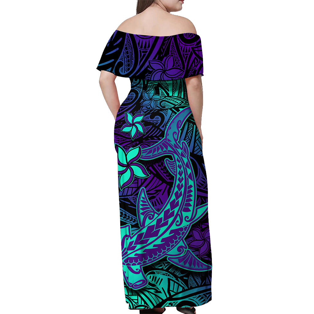 Purple Polynesian Family Matching Outfits - Off Shoulder Maxi Dress and Hawaiian Shirt Tribal Hammerhead Shark LT14 - Polynesian Pride