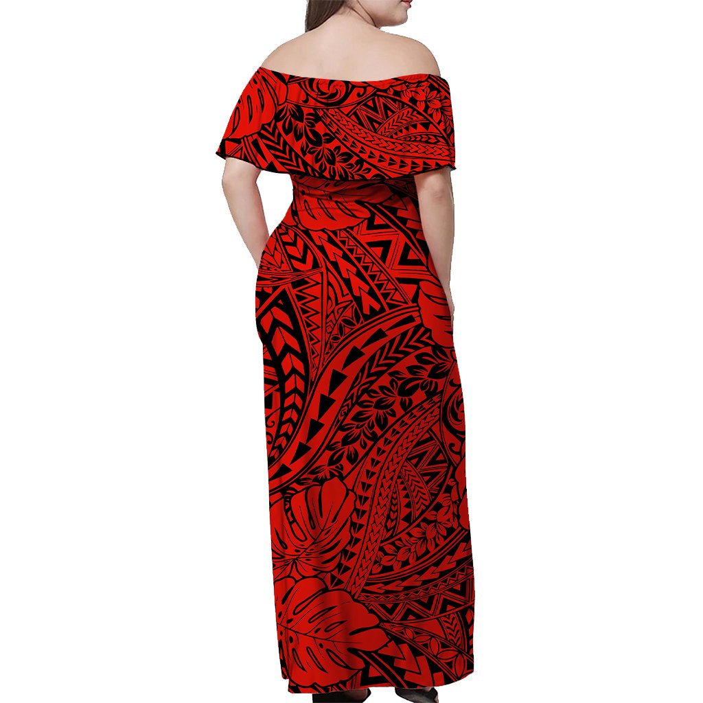 Red Hawaii Family Matching Off Shoulder Maxi Dress And Hawaiian Shirt Tribal Art LT14 - Polynesian Pride
