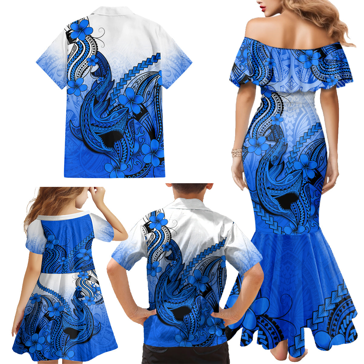 Blue Hawaii Family Matching Outfits Mermaid Dress And Hawaiian Shirt Polynesian Shark Tattoo LT14 - Polynesian Pride