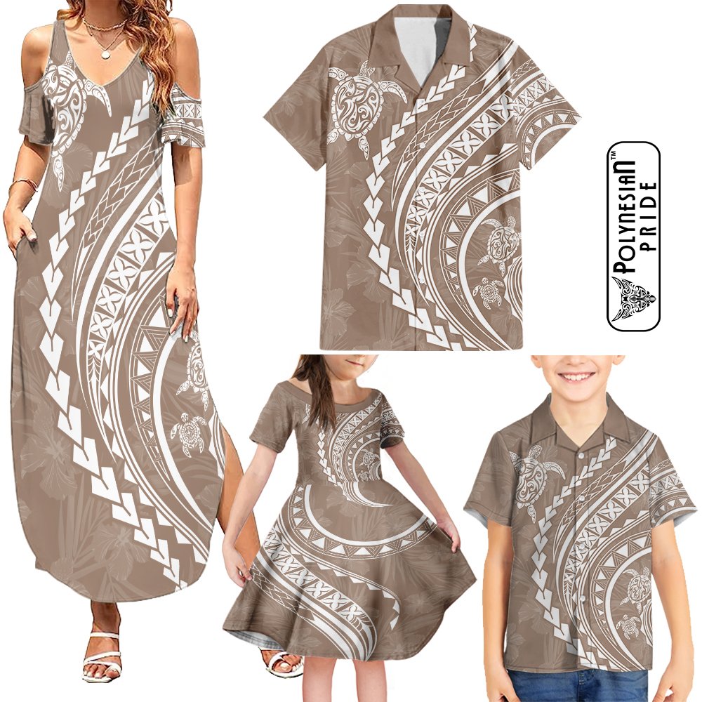 Hawaii Family Matching Outfits Polynesian Pride Summer Maxi Dress And Shirt Family Set Clothes Turtle Hibiscus Luxury Style - Beige LT7 - Polynesian Pride