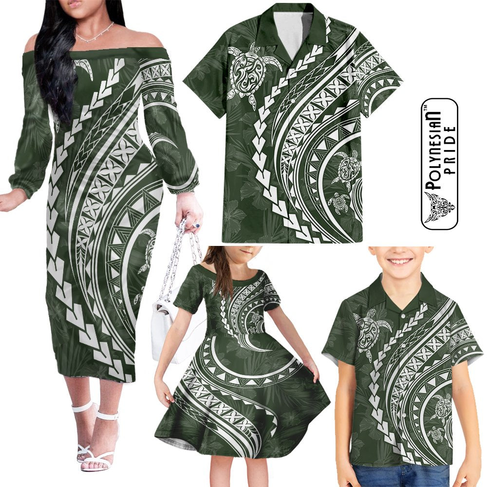 Hawaii Family Matching Outfits Polynesian Pride Off Shoulder Long Sleeve Dress And Shirt Family Set Clothes Turtle Hibiscus Luxury Style - Sage LT7 - Polynesian Pride