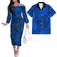 Hawaii Couples Matching Off Shoulder Long Sleeve Dress and Hawaiian Shirt Blue Polynesian Tribal Art LT14 Blue - Polynesian Pride