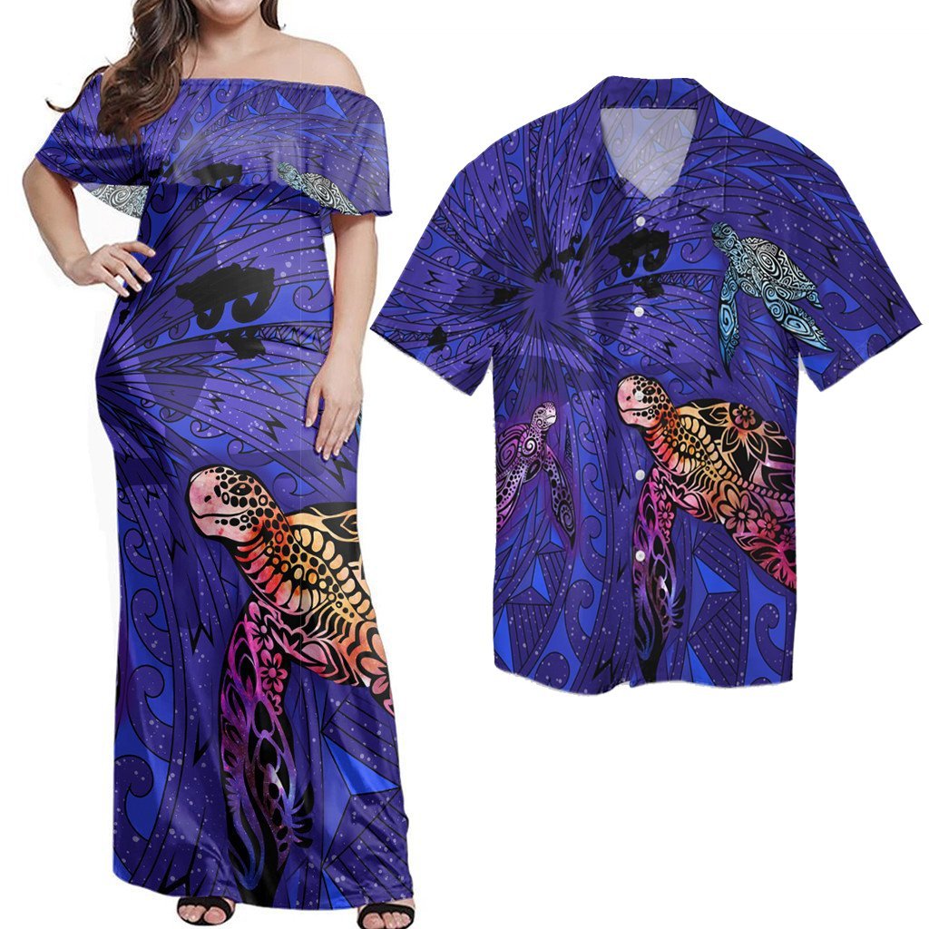 Hawaii Couple Outfits Matching Dress and Hawaiian Shirt Hawaii Map Kanaka Turtle Volcano Style Galaxy RLT14 No Dress - Polynesian Pride