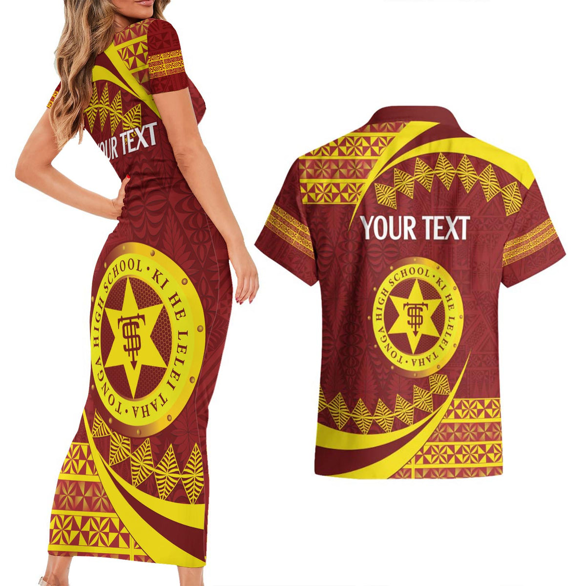 Personalised Tonga High School Couples Matching Short Sleeve Bodycon Dress and Hawaiian Shirt Happy 77 Years Anniversary LT14 - Polynesian Pride