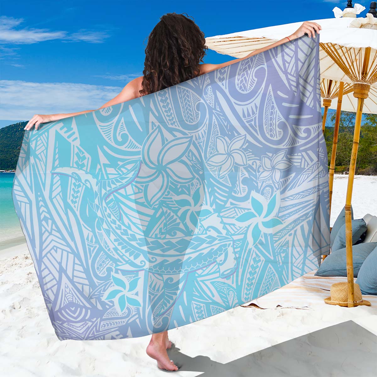 Baby Blue Gradient Polynesia Sarong Hawaiian Tribal Hammerhead Shark Tattoo LT14