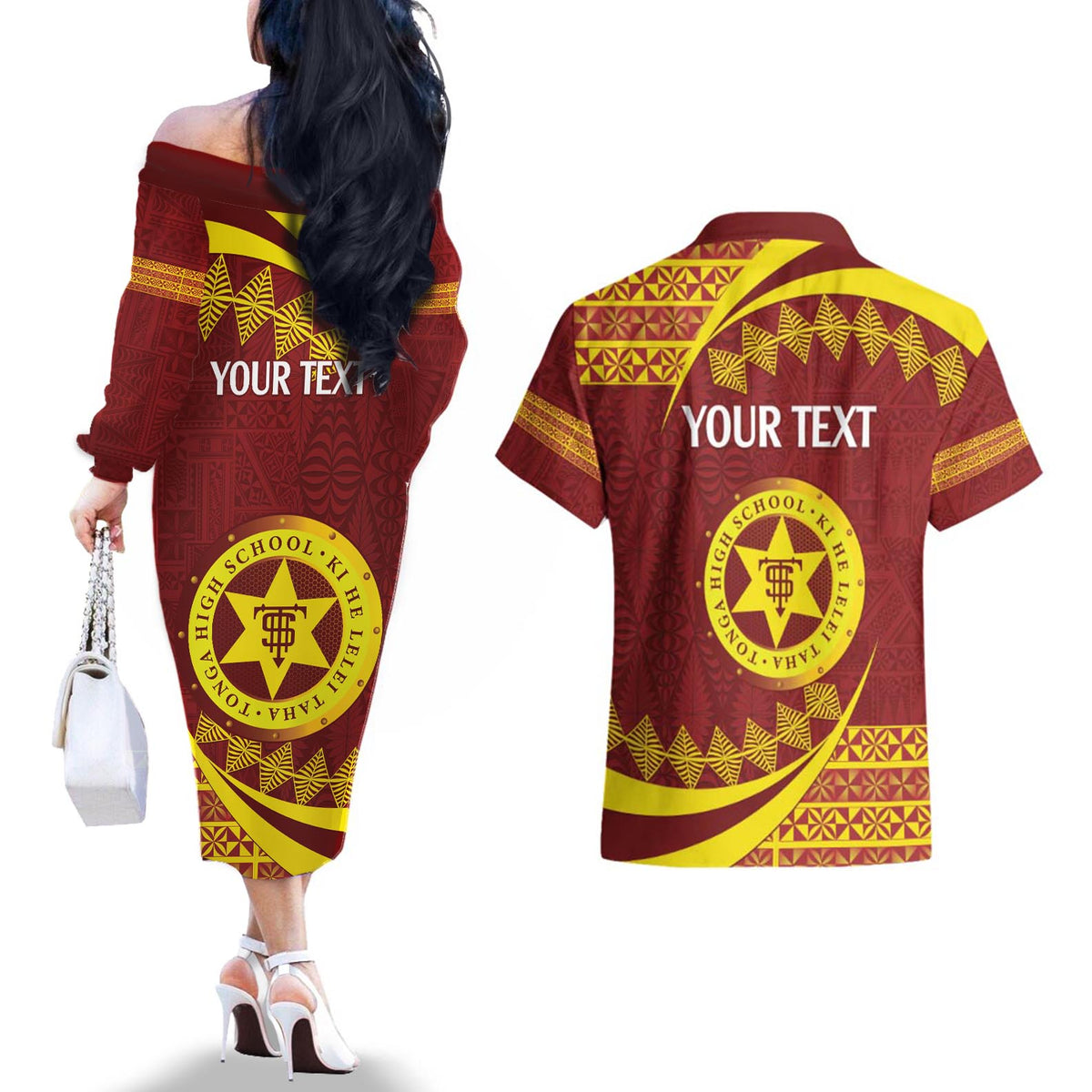Personalised Tonga High School Couples Matching Off The Shoulder Long Sleeve Dress and Hawaiian Shirt Happy 77 Years Anniversary LT14 - Polynesian Pride
