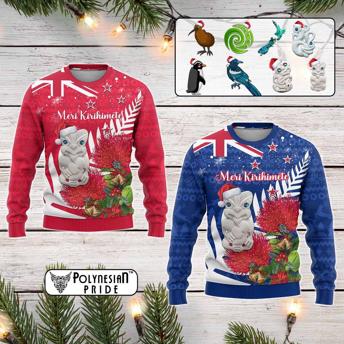 Custom New Zealand Christmas In July Knitted Sweatshirt Meri Kirihimete Aotearoa Pohutukawa Flowers CTM14 Multicolor - Polynesian Pride