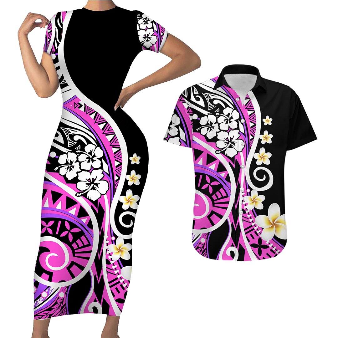 Plumeria Polynesian Couples Matching Outfits Combo Bodycon Dress And Hawaii Shirt Trending Pink LT6 No Dress - Polynesian Pride