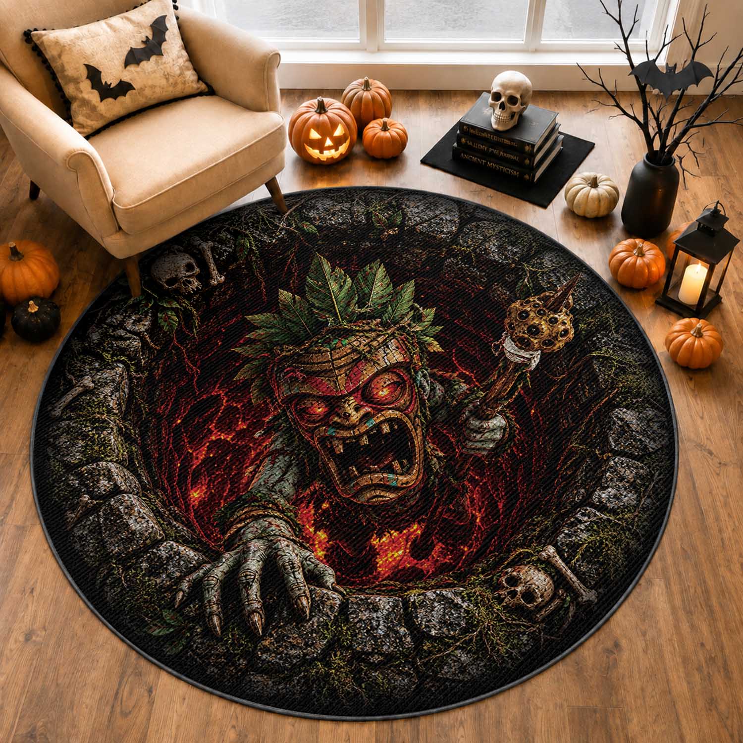 3D Illusion Hawaii Halloween Tiki Zombie Round Carpet