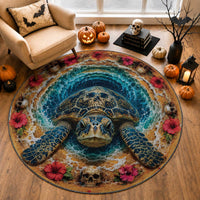 3D Illusion Honu Halloween Round Carpet Hawaiian Sea Turtle Skull Shell Vortex
