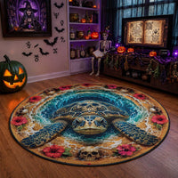 3D Illusion Honu Halloween Round Carpet Hawaiian Sea Turtle Skull Shell Vortex